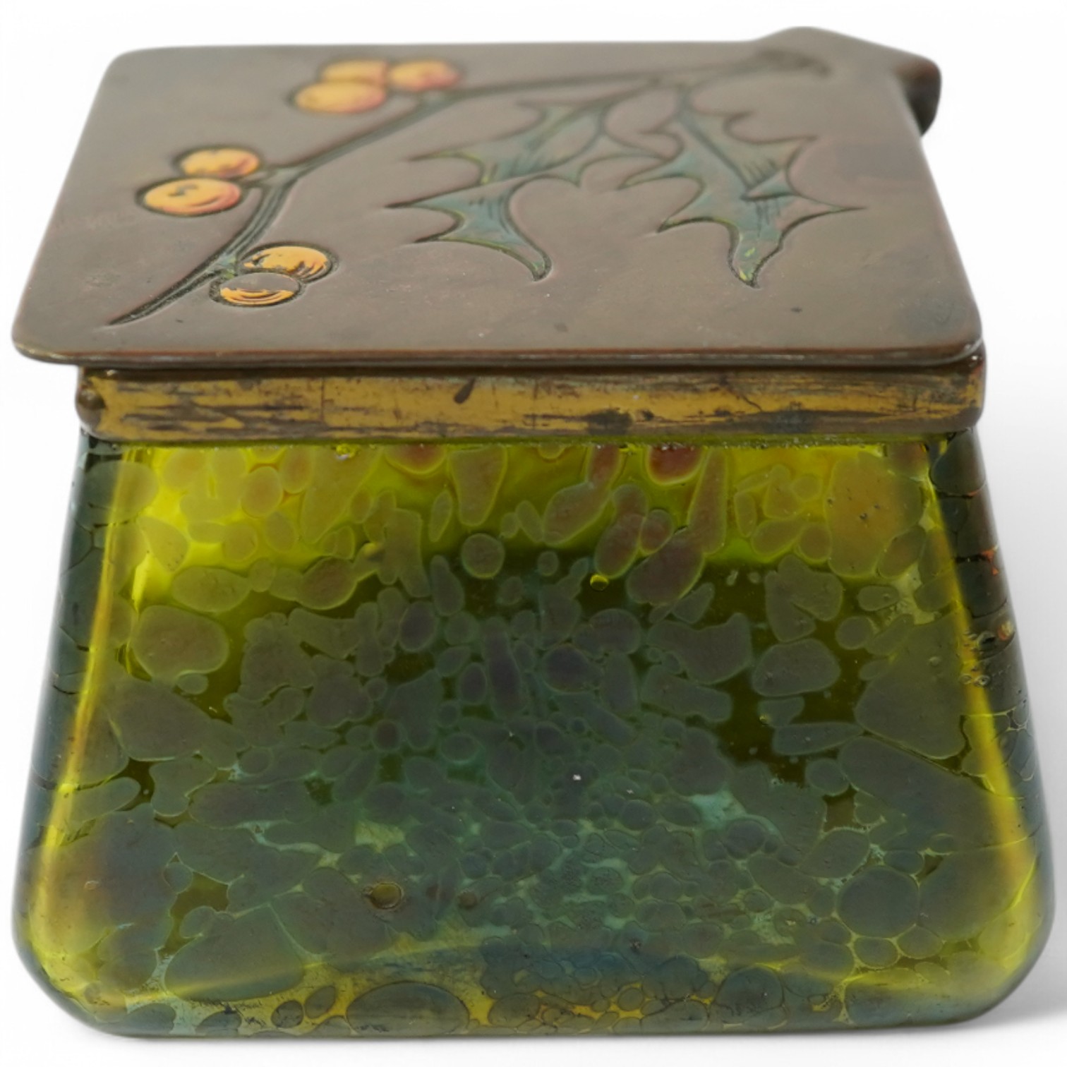 A Loetz glass and brass lidded box, 9.5cm wide. Condition - lid detached